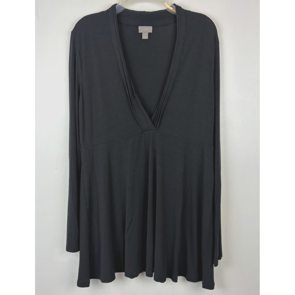 J Jill Tunic Top Womens Medium Deep V Neck Blouse Black Stretch Ruched Gothic